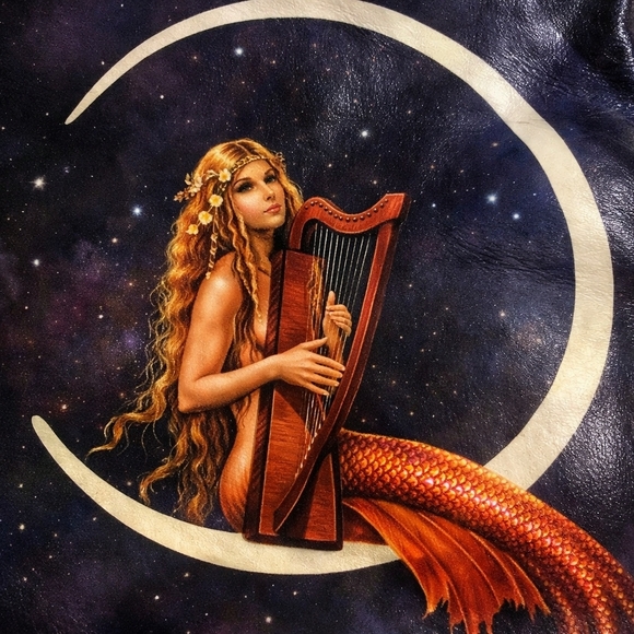 RARE FIND ♥︎ David Delamore • Mermaid on the Moon • Art Leather Tote Purse - Picture 4 of 17